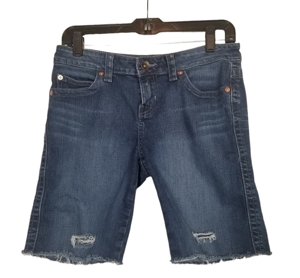 Calvin Klein SZ 27/4 Shorts Dark Wash Distressed Denim Jean Stretch